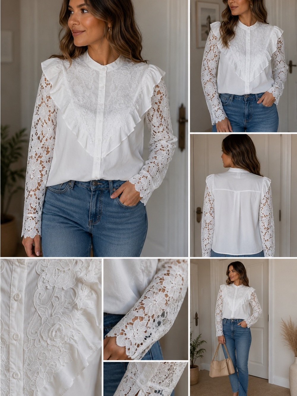 ITOO White Lace Embroidered Ruffle Blouse Size M
